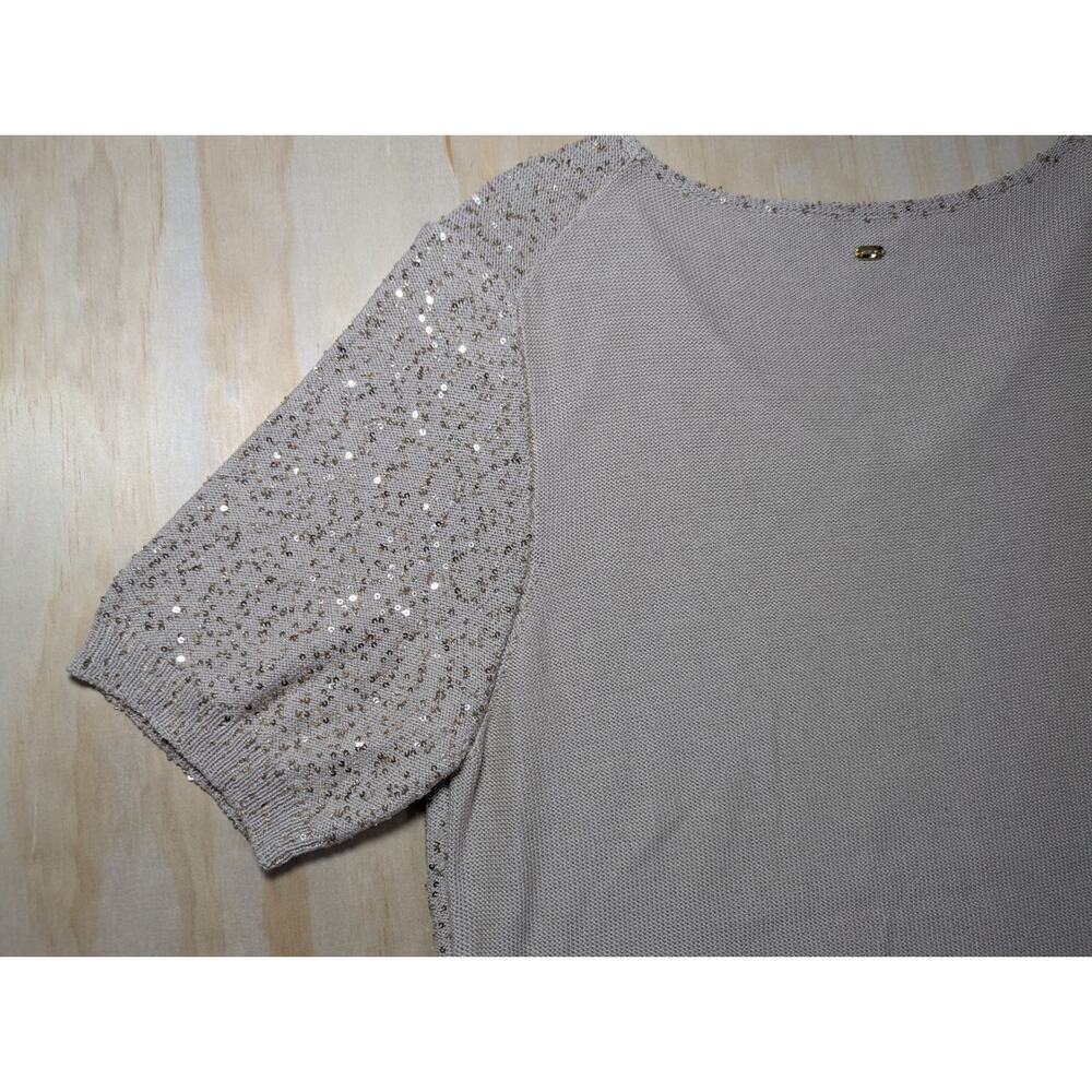 Escada Sagira Top Large Silk Cotton Sequin Knit Short Sleeve Blouse Beige Italy - Picture 12 of 16